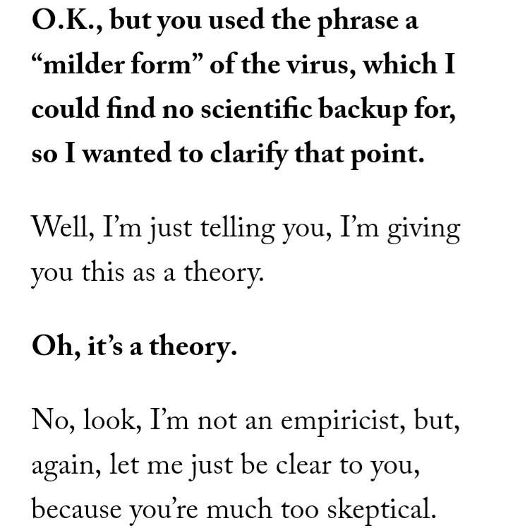 ”The Contrarian Coronavirus Theory That Informed The Trump Administration“Q: You wrote, “........”Q: You wrote, “........”Q: You wrote, “........”Terrific interview.  https://twitter.com/IChotiner/status/1244401479949025280