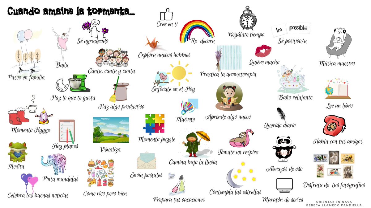 Orienta2enNava's tweet photo. En cuanto pase la tormenta ¿Qué podemos hacer para sentirnos mejor? Empecemos a practicar algunas cosas.
#yomequedoencasa #orientadesdecasa #despuesdelcoronavirus 
Post completo y página nueva en https://t.co/hjRVoQSiKb https://t.co/pEnRCA4GXs