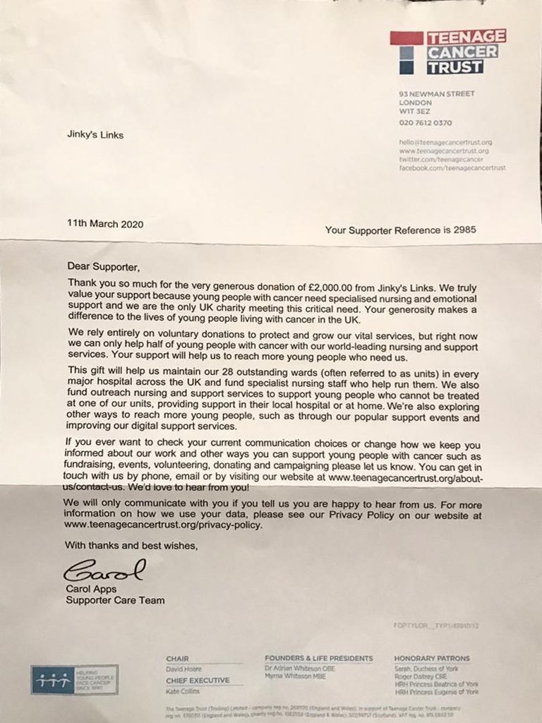 Recently received thank you letter from The Teenage Cancer Trust.  A big thank you to all from Jinkys and for your ongoing support. <a href="/TeenageCancer/">Teenage Cancer Trust</a>