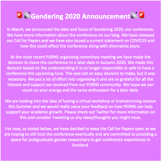 PGRNScotland's tweet photo. 🚨Gendering 2020 announcement! #pgrnscotland #gendering2020 #postgradchat https://t.co/HXD97DiJa2
