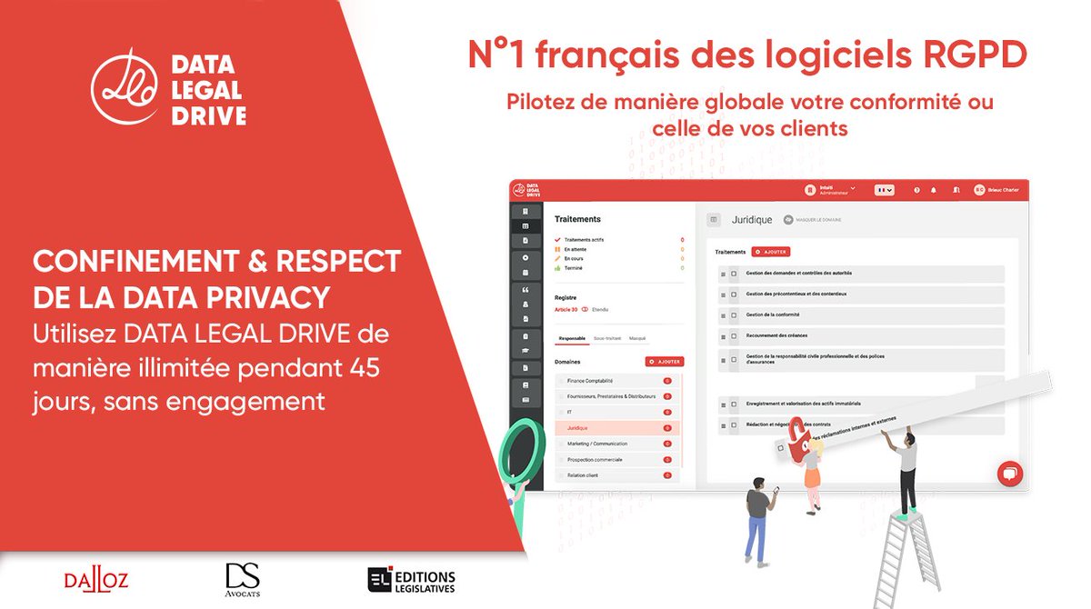 Afin d’encourager les initiatives en faveur de la protection des données et dans le cadre du confinement, Data Legal Drive propose aux entreprises de renforcer et de digitaliser leur mise en conformité avec son logiciel gratuitement pendant 45 jours.
<a href="/CovidSyntecNum/">CovidSyntecNumerique</a>