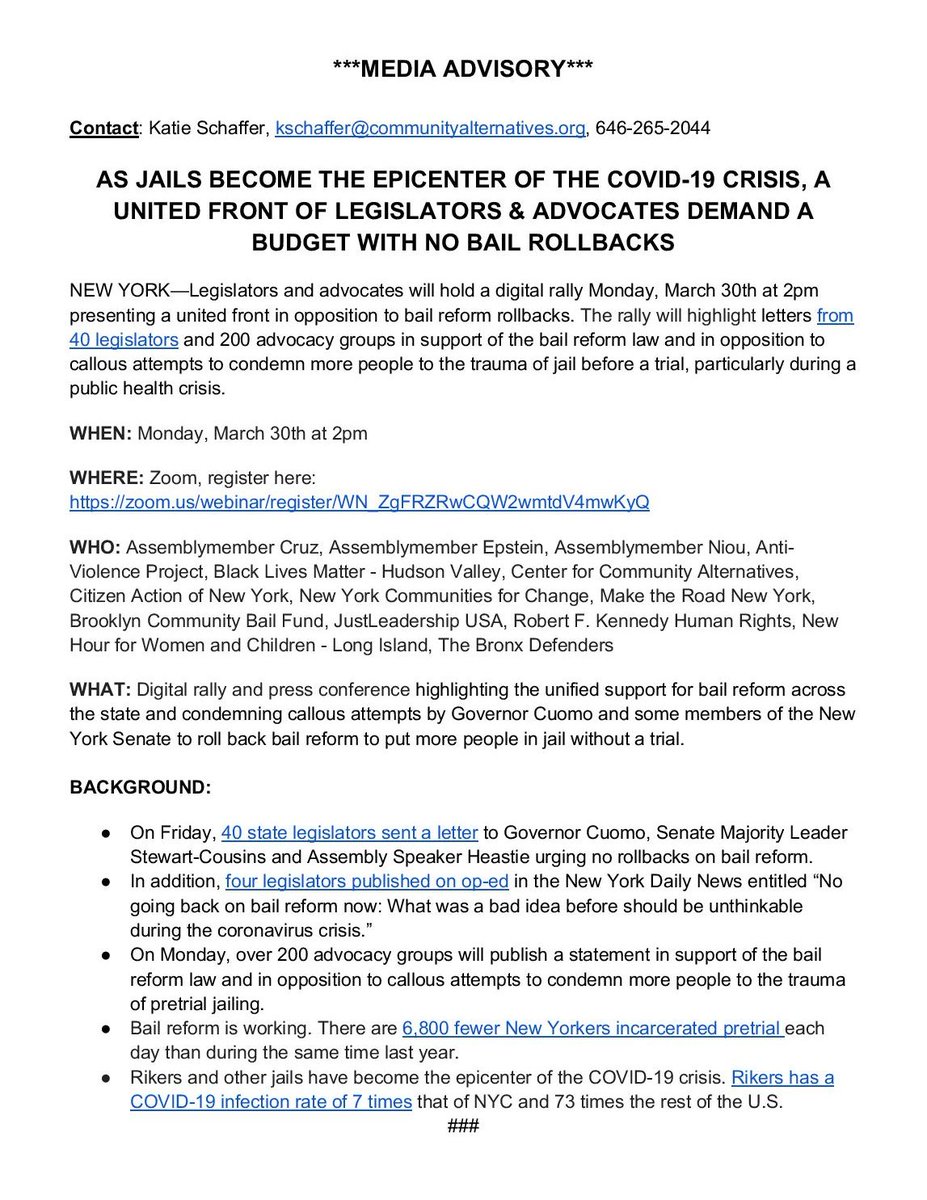 TODAY: DIGITAL RALLY &amp; PRESS CONFERENCE at 2pm

As Jails Become the Epicenter of the COVID-19 Crisis, A United Front of Legislators and Advocates Demand a Budget with No Bail Reform Rollbacks

✅40 state legislators
✅ 200+ advocacy orgs

Register here: zoom.us/webinar/regist…