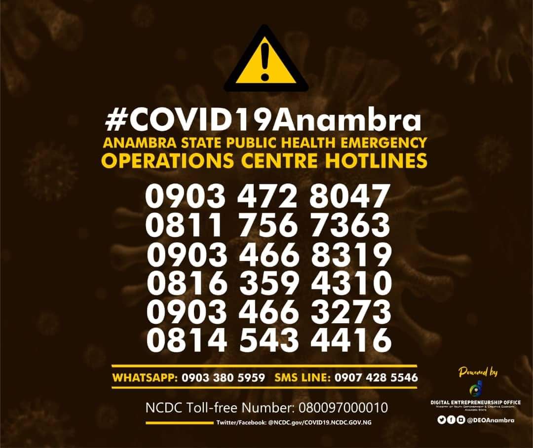 Anambra State Public Health Emergency Operations Centre Hotlines

Together, we can defeat Coronavirus... Stay Safe!

#COVID19 #Covid_19 <a href="/NCDCgov/">NCDC</a> <a href="/deoanambra/">Digital Entrepreneurship Office</a> <a href="/IfeanyiAniagoh/">Ifeanyi ANIAGOH</a> <a href="/AnambraPHEOC/">Anambra PHEOC</a>