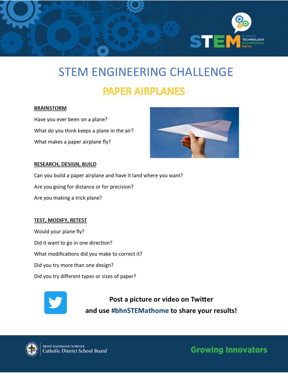 bhncdsbSTEM's tweet photo. 📣 STEM CHALLENGE:  Paper Airplanes. See the attached resources and visit https://t.co/Gjd8w4OnvV for inspiration. Post a picture/video of your results with #bhnSTEMathome. Have fun learning! ✈️ https://t.co/ZDNSUVFFuO