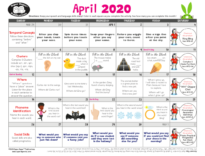 March is almost gone (finally, right?!), so it's time to get ready for April with a full calendar of quick and easy speech therapy activities. Download our free speech calendars at TeachersPayTeachers.com! bit.ly/2wMI1aN