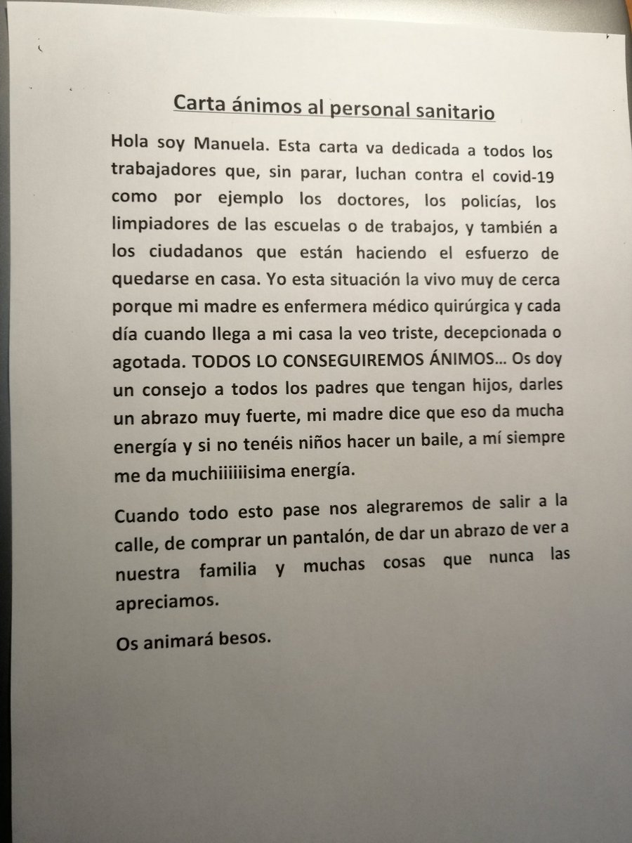 CarrioCharo's tweet photo. "Cartes amb cor" ❤️❤️Gràcies Manuela per aquesta carta tan emotiva, segur que ha arribat al cor de molts professionals!! 😍😍😍 @quironsalud #JEdesdecasa #Jstgervasi #4tPIN https://t.co/hfv1CCBXoM