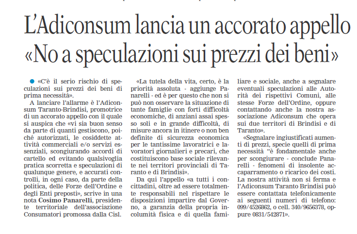 CislTaBr's tweet photo. #Ust #Covid19 #CosimoPanarelli Scongiurare accordi di cartello, segnalare ad @adiconsum #TarantoBrindisi pratiche scorrette e speculazioni di qualunque genere, assicurare accurati controlli delle Forze dell’Ordine e degli Enti preposti @CislPuglia @LaGazzettaWeb @Quoti_Puglia https://t.co/m9b6WP7rtG