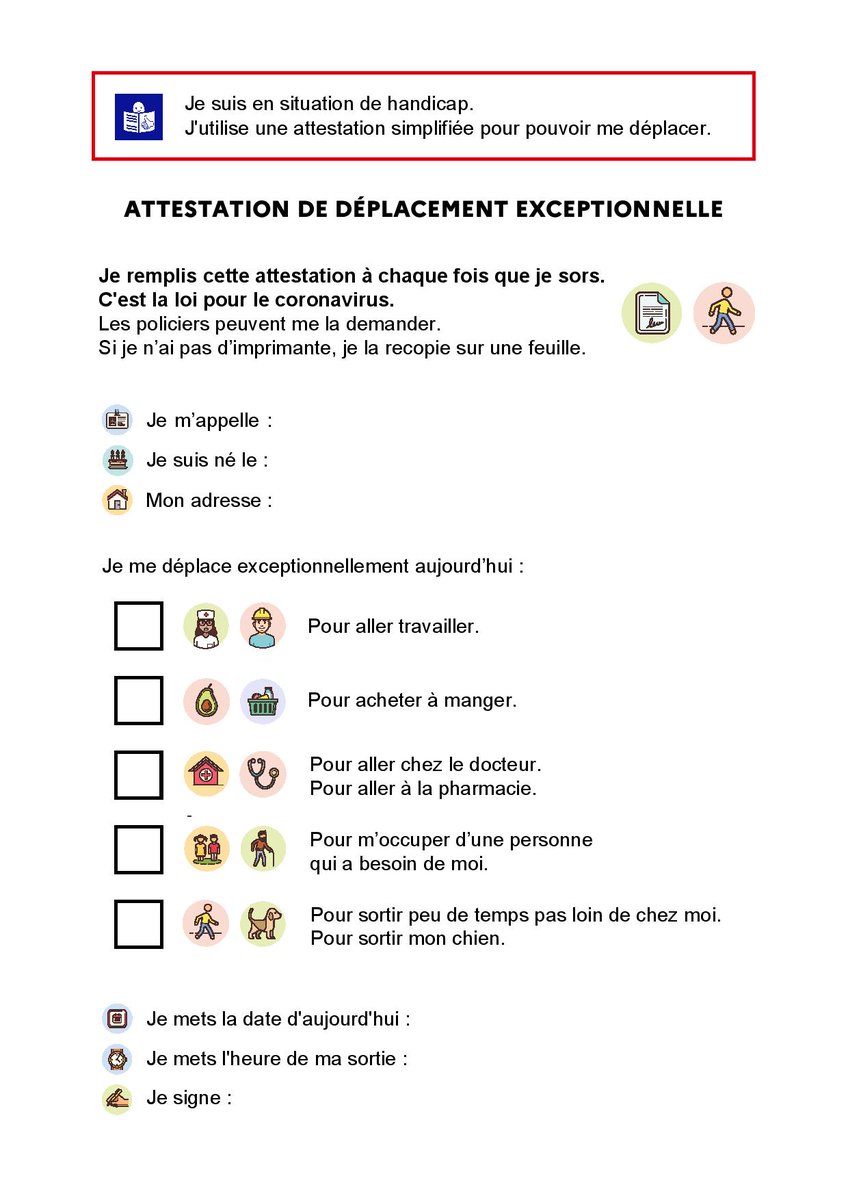 Voici l'attestation de sortie simplifiée, mise en place par les autorités pour les personnes non francophones, ou ayant des problèmes de lecture ou d'écriture. #Covid_19