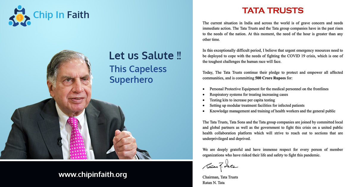 chipinfaith's tweet photo. Once again #RatanTata has done it. The #TataTrusts has pledged 500 Crores and now Tata Sons has pledged to donate an additional 1000 Crores to fight the pandemic COVID-19.
https://t.co/AoiDBimmIr
#Salute #superhero #RatanTata #TataTrusts #TataSons #Chipinfaith #IndiaFightsCorona https://t.co/hqnYQnbx54