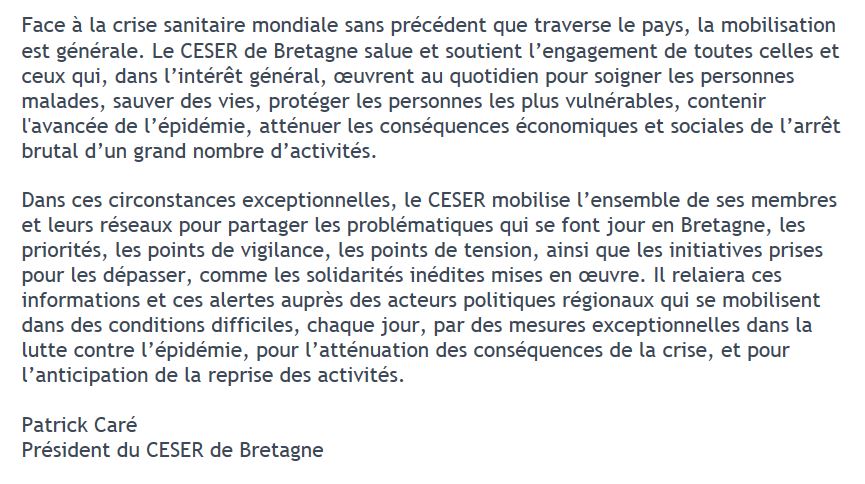 #Covid_19 Priorités, points de tension et de vigilance, initiatives, solidarités… Le CESER mobilise ses membres et leurs réseaux pour relayer ces informations auprès des acteurs politiques régionaux.