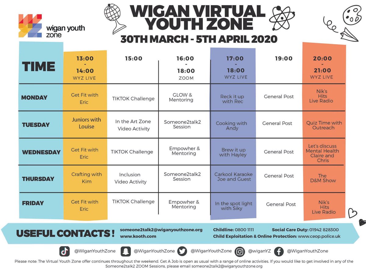 WiganYouthZone's tweet photo. Hi guys! ๐
We have another jam-packed schedule for you this week at the Wigan Virtual Youth Zone. We have a mix of everything for everyone to get involved in, including fitness, games, quizzes, art and music! So come along to our Live Sessions and let's stay connected. ๐ https://t.co/hl9IegTQR6