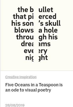 tpgdesign's tweet photo. We came across this article in Creative Review from last Summer - interesting ways of displaying language in poetry form.

https://t.co/SuwuQRVBPW https://t.co/kUTjDfBTTw