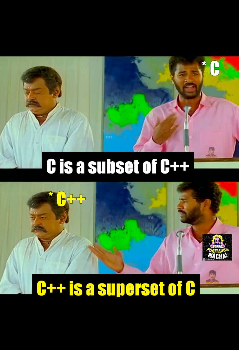 sonna_puriyathu's tweet photo. Differences between C and C++ in Kollywood style😜....
Follow our Instagram page for more updates : https://t.co/FNIoHfa6ho
#MEMES #Kollywood #CProgs #CPP #programminglife #programmers #Dhoni https://t.co/m3tELDnw9l