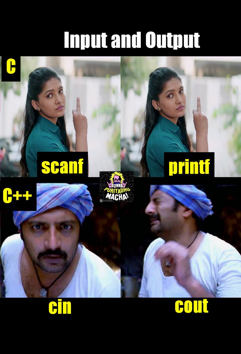 sonna_puriyathu's tweet photo. Differences between C and C++ in Kollywood style😜....
Follow our Instagram page for more updates : https://t.co/FNIoHfa6ho
#MEMES #Kollywood #CProgs #CPP #programminglife #programmers #Dhoni https://t.co/m3tELDnw9l