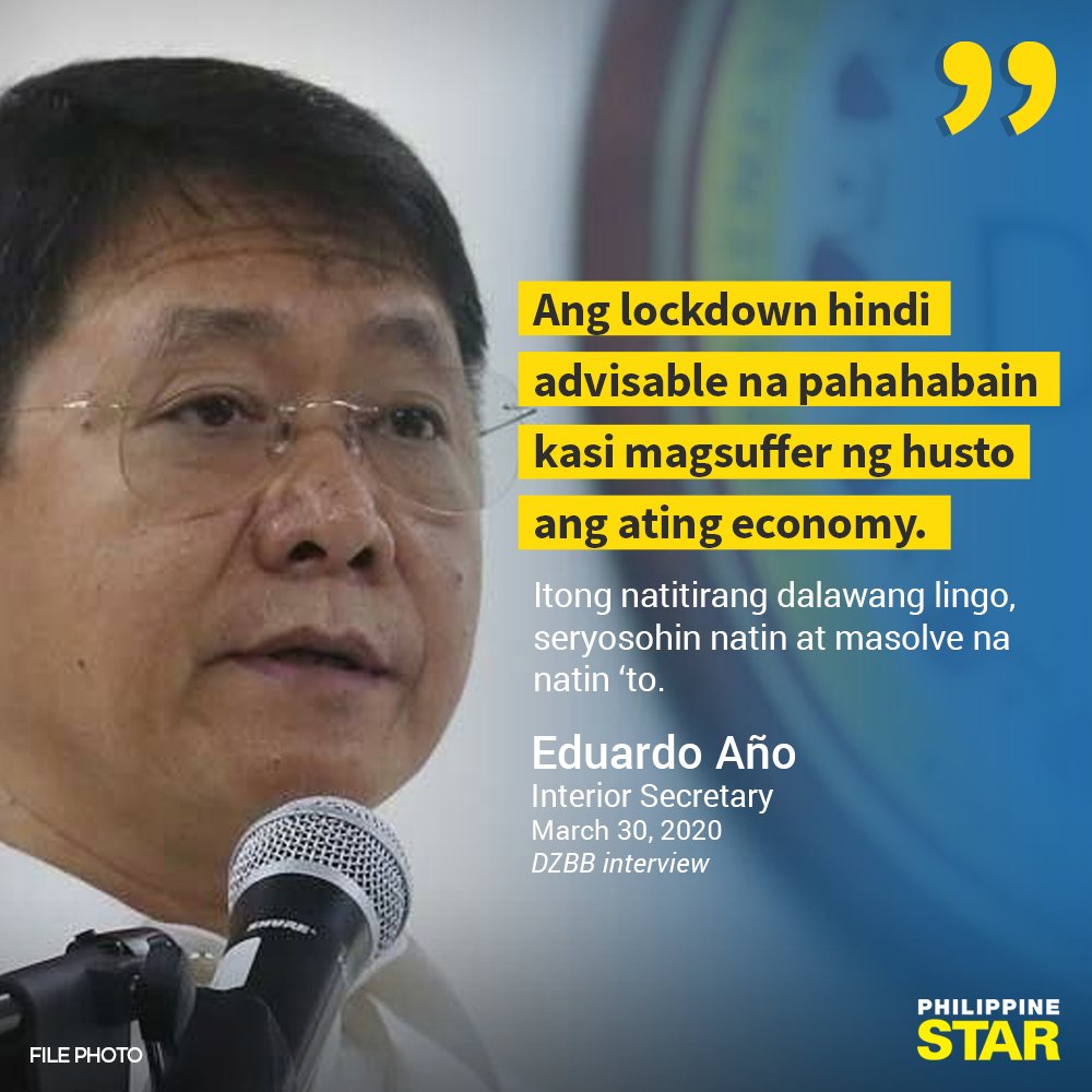 PhilippineStar's tweet photo. Interior Secretary Eduardo Año said that the extension of the enhanced community quarantine over Luzon is not “advisable” as he noted that the imposed lockdown is already working to curb the further spread of COVID-19 in the country. | @romina_marie https://t.co/bOkmXIiMSI