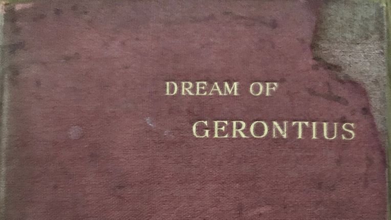 michaelffay60's tweet photo. Alfred Gatty's copy of The Dream of Gerontius (by Cardinal Newman). Gatty (1813-1903) was Vicar of #Ecclesfield, Sub-Dean #York Cathedral &amp; an author. Here is his bookplate (visual/verbal puns on his name) &amp; a photo (V&amp;A website). Gatty married Margaret Scott, author, #algologist https://t.co/Ay349fXIKU