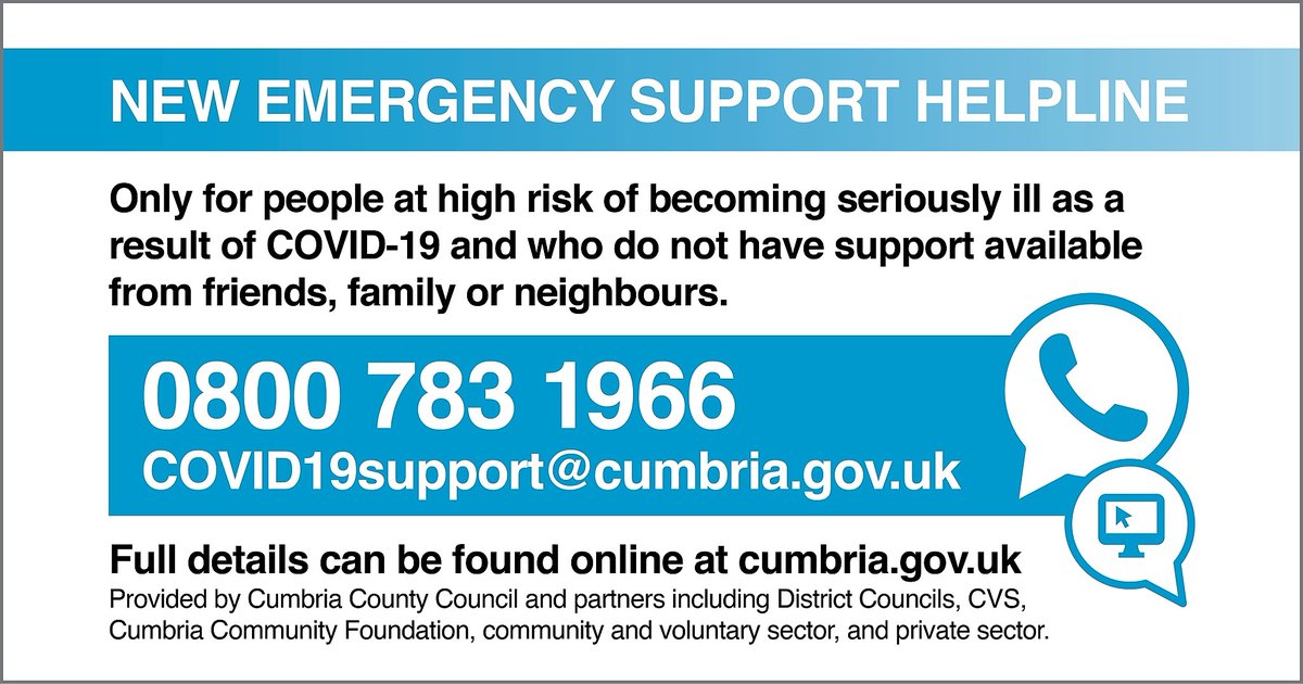 NEWS: Cumbria County Council and partners have launched a new emergency support service for people at high risk of becoming seriously ill, as a result of COVID-19, and who do not have support available from friends, family or neighbours > socsi.in/Emergency_Supp… #Cumbria