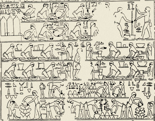 But what do we know about how the bread was made? Artists impression of a bakery was found in the 5th Dynasty tomb of Ty at  #Saqqara where stages of winnowing, pounding, grinding, sieving and baking are shown c. 2400 BC