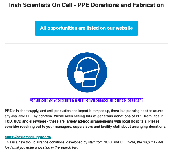 Irish Scientists On Call (@scientistoncall) on Twitter photo PPE is in short supply for all hospitals in Ireland. Staff from @nuigalway and <a href="/UL/">University Of Limerick</a> have developed a tool to coordinate PPE donations here covidmedsupply.org
#irishscientistsoncall #scientistsoncall #COVID19 PPE is in short supply for all hospitals in Ireland. Staff from @nuigalway and <a href="/UL/">University Of Limerick</a> have developed a tool to coordinate PPE donations here covidmedsupply.org
#irishscientistsoncall #scientistsoncall #COVID19