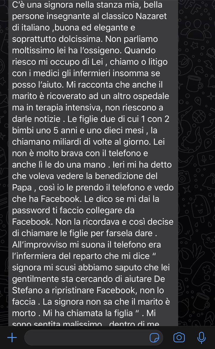 PieroMatrone's tweet photo. Mia zia, dottoressa, ha contratto il #Covid_19. Aveva un po’ di paura, come noi tutti, ma l’hanno appena dimessa.
Ieri l’altro ha scritto questo messaggio sul gruppo di famiglia e per 2 giorni non ho pensato ad altro.
D’un tratto il nemico invisibile mi è sembrato accecante. https://t.co/0jQIoBOO1f
