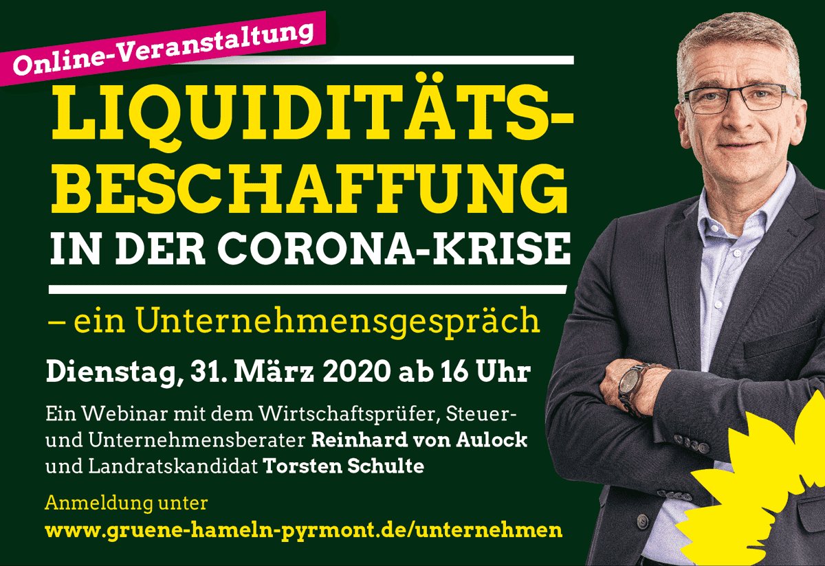 Hagen Langosch (@hagenlangosch) on Twitter photo Liquiditätsbeschaffung in der Corona-Krise - ein Unternehmensgespräch
Jetzt anmelden auf gruene-hameln-pyrmont.de/unternehmen
<a href="/TorstenSchulte6/">Torsten.Schulte</a> Liquiditätsbeschaffung in der Corona-Krise - ein Unternehmensgespräch
Jetzt anmelden auf gruene-hameln-pyrmont.de/unternehmen
<a href="/TorstenSchulte6/">Torsten.Schulte</a>