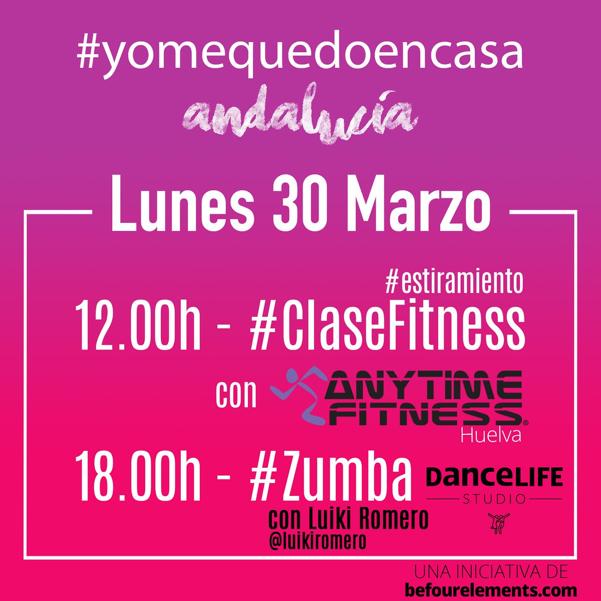 Mequedoncasa's tweet photo. 📣 Programación Lunes 30 Marzo 📣
➡️A las 12.00h Clase de PUMP Adaptado con los profesionales de Anytime  Fitness Huelva 🏋🏻‍♀️🏋🏻‍♂️ En nuestro canal de YouTube: Be FourElements 
➡️A las 18.00h Clase de #Zumba con Luiki Romero en directo en su Instagram 💃🏻🕺🏻
¡Vamos!👑🦠👊🏻 https://t.co/BUJ15o76hL