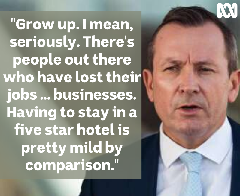 GianDePoloni's tweet photo. "GROW UP": @MarkMcGowanMP  has slammed people who have returned from overseas complaining on social media about the mandatory 14 day hotel isolation. @abcnews @abcperth https://t.co/UKhxqUx97F