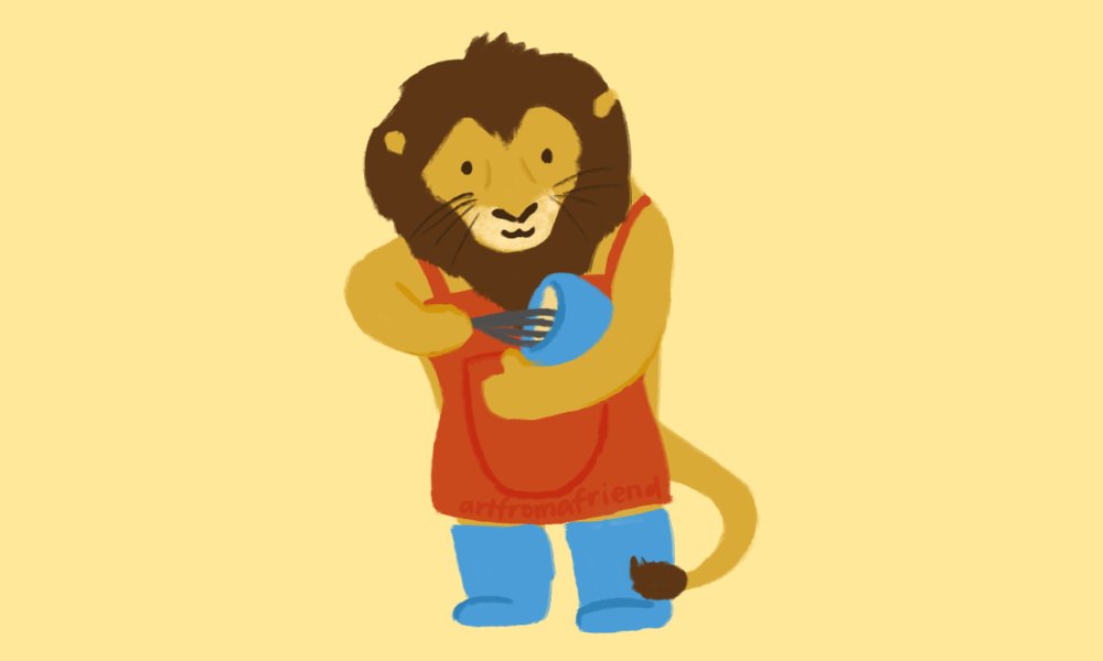 here is a lion, baking a cake! decided to pursue his dream of becoming a famous baker yesterday. will be working towards it today and tomorrow. don't know how it'll turn out, but wearing his favourite blue rainboots for good luck. 