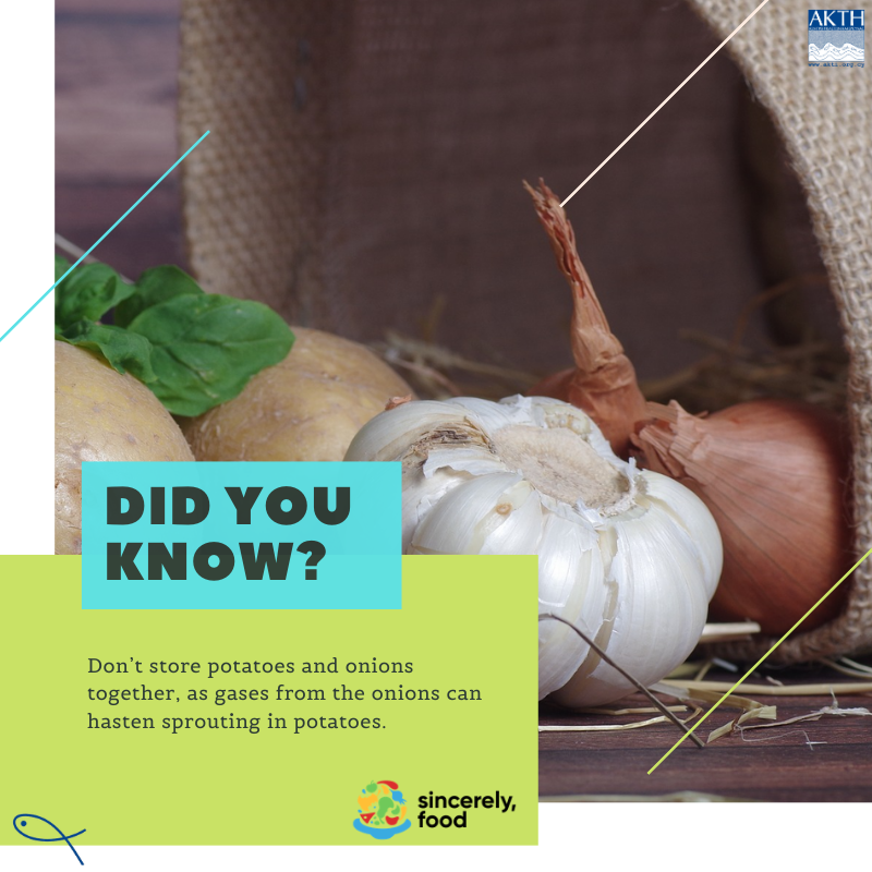 #SincerelyFood #MinimizeFoodWaste #StayHome
✔️Don’t store potatoes and onions together, as gases from the onions can hasten sprouting in potatoes.
 👉 bit.ly/354LD3M &amp; bit.ly/2LEsRsc