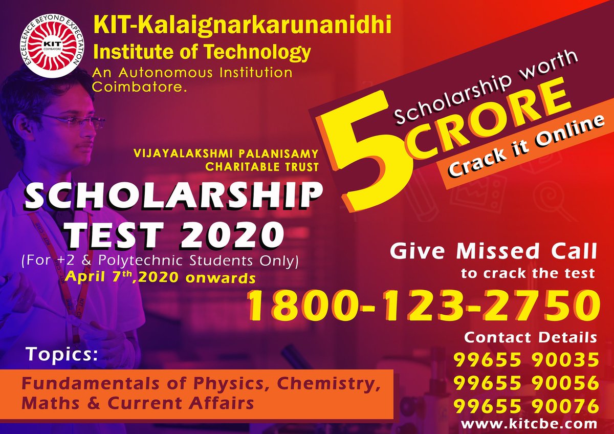 kit_cbe's tweet photo. 𝗞𝗜𝗧 𝗦𝗰𝗵𝗼𝗹𝗮𝗿𝘀𝗵𝗶𝗽 𝗧𝗲𝘀𝘁 𝟮𝟬𝟮𝟬
Give Missed call 
18001232750
#kitcbe #kitscholarshiptest2020 #12thstudents #polytechnicstudents #covid19 #staysafe #stayhome https://t.co/IOCw0sPBw2