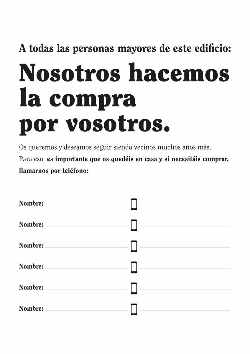 Súmate al #CartelParaSalvarVidas. Cópialo y cuélgalo en tu edificio 🏘️
Queremos a nuestros mayores, ayúdales a que NO vayan al súper  🛒
 
Hazlo por ti y hazlo por ellos. Diles #YoLaHagoPorTI
 
Los mayores son grupo de riesgo ayúdales a mantenerse en casa 👴👵