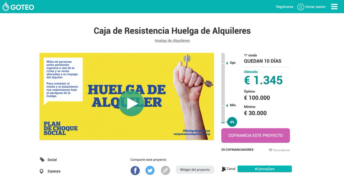 😶¿No te da para pagar el alquiler? ¿Te vas a quedar sin ahorros por pagarlo?

⌛️A 48 horas del 1 de abril, miles de familias afectadas por crisis #covid19 afrontarán alquileres inasumibles

✊🏽Apoya la #CajaDeResistencia de #HuelgaAlquileres en goteo.cc/huelgadealquil… #CoronaZero