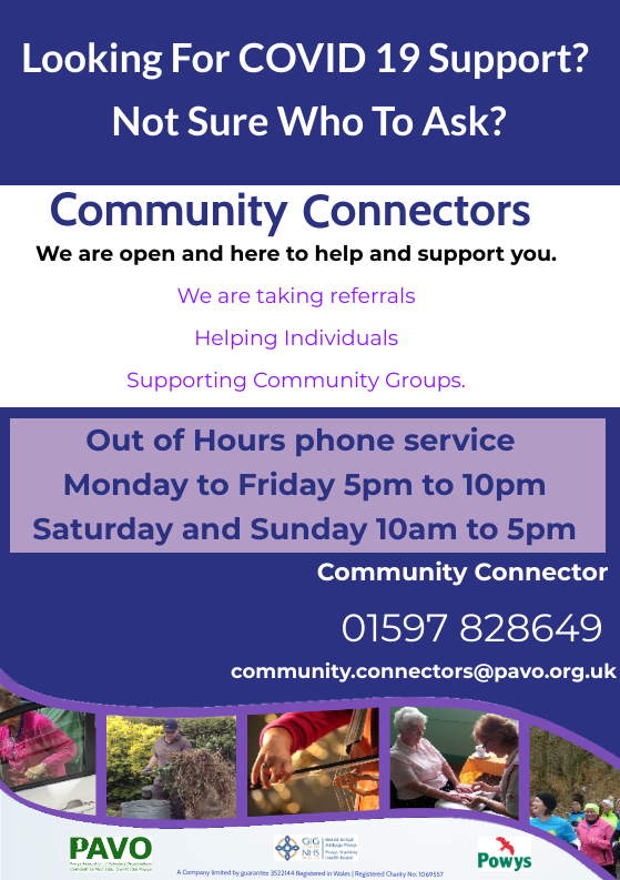PowysConnectors's tweet photo. The Community Connectors will be operating an Out of Hours service starting from today. Monday to Friday 5pm to 10pm, Saturday and Sunday 10am to 5pm - Use our usual number 01597828649 #covid19 #powys @PTHBhealth @PowysCC @PAVOtweets @PavoWellbeing https://t.co/rQjYlNvXnf