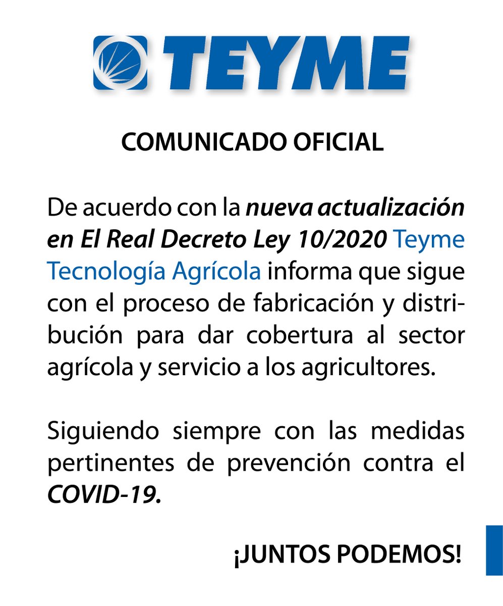 teyme_agritech's tweet photo. ➡️Debido a la nueva actualización por parte del Gobierno decretada ayer 29 de Marzo lanzamos el siguiente comunicado oficial. @TEYME_SL  #teyme #covid19 #coronavirus #estadodealarma #agricultura #agricultores #atomizadores #yomequedoencasa https://t.co/xKgLSdhx8V