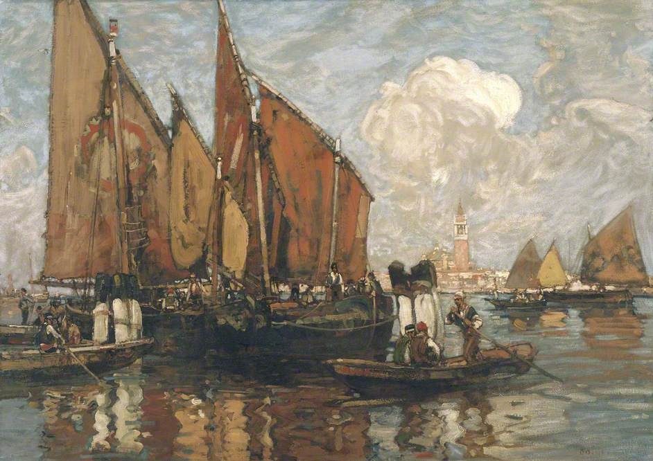 Let's skip forward 170 years to the Anglo-Welsh artist, lithographer and all-round-polymath Frank Brangwyn, with whom this thread began. One of a series of paintings he made of Venice, this is 'St Mark's from the Lagoon' (1900).  http://bit.ly/CdfBrangwyn 