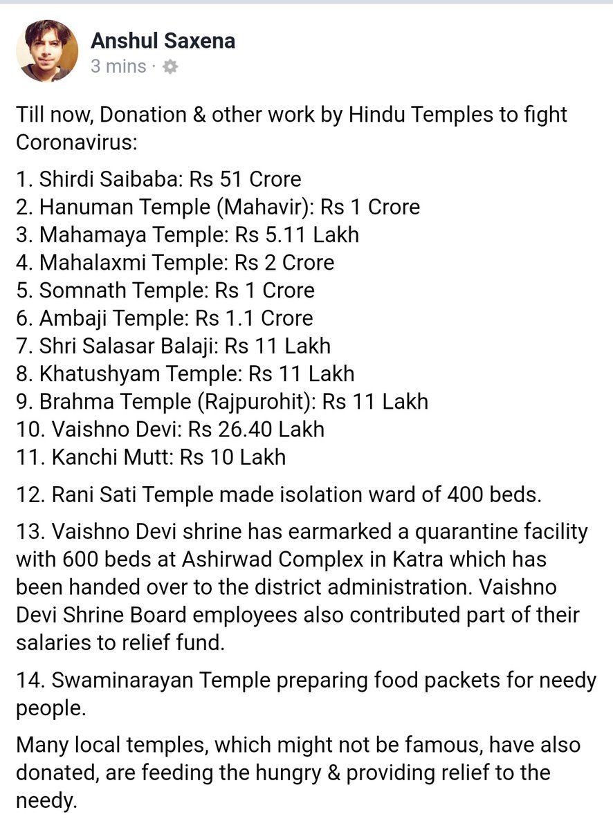 AskAnshul's tweet photo. Till now, Donation &amp; other work by Hindu Temples to fight Coronavirus. https://t.co/GBEBkez2n3
