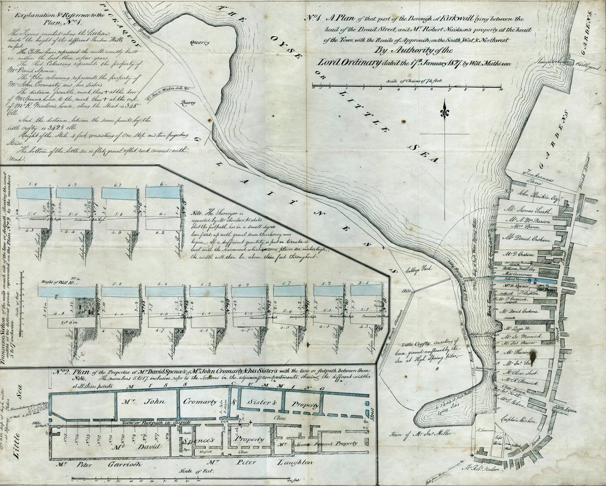 This beautiful map from 1827 shows where Kirkwall met the sea, right across the road from where Orkney Library & Archive now stands. The map was created by Will Mathison for use during a legal dispute between two neighbours arguing over a right of way.