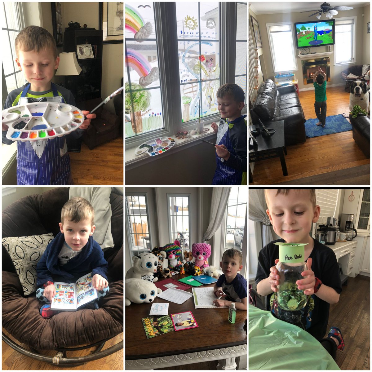 MsKHumby's tweet photo. What has Chase been up to lately? Well, he's been continuing his own daily 5 with his classmates (stuffies), doing yoga, creating beautiful art, reading, math practice, leprechaun traps and the list goes on! What a guy! We miss you Chase! @StMattsTigers @Bridget72202968 @NLESDCA https://t.co/tPi36ebNNv