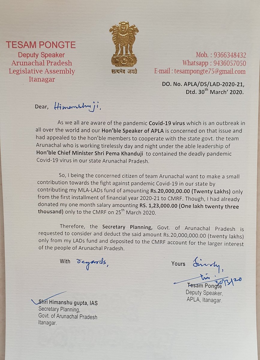 This is my small contribution from my MLA LADs and one month salary to CMRF,  to fight against pandemic Covid-19 virus in our state Arunachal Pradesh.