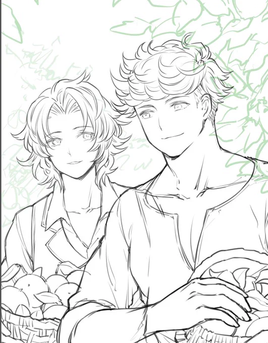 線画で力尽きたヴェラン💛💙(柑橘を収穫しているようです) 