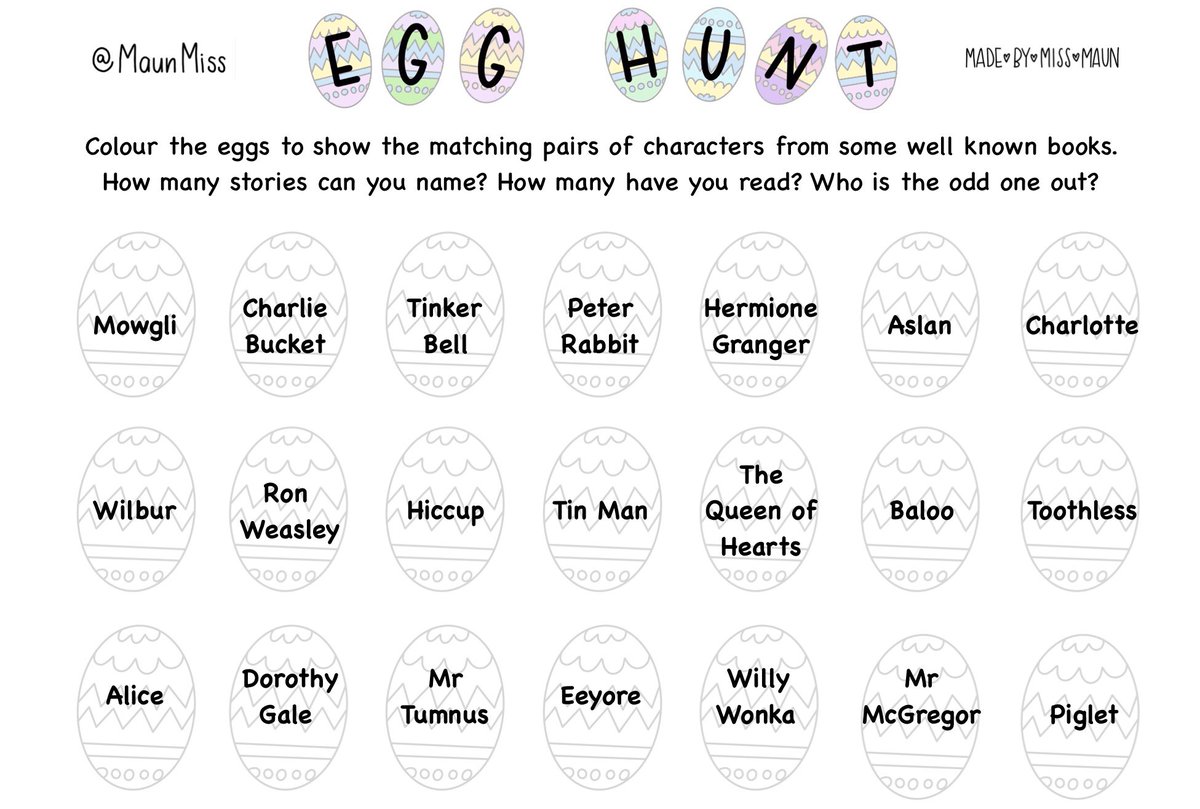 🌟 Home Learning Resource 🌟
📚 Book Character Egg Hunt 📚
Can you find all of the pairs of characters? Can you name all of the books? Who is the odd one out? Happy hunting! 🔍  
Please share and tag me with your answers #HomeLearningUK #homeschooling #StayAtHomeAndStaySafe