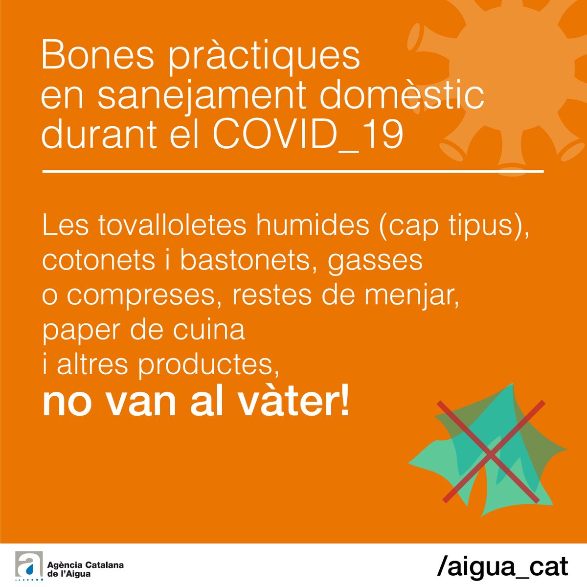 aigua_cat's tweet photo. AL vàter evita llençar residus sòlids com tovalloletes humides, bastonets, gasses i altres productes. #SosWC. Així s'evita l'obstrucció de canonades i el sobrecost en sistemes de sanejament. https://t.co/7qUOPY04l3