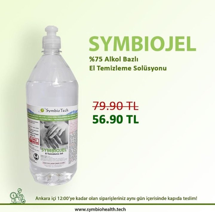 SymbioHealth, %75 alkol bazlı el temizleme solüsyonu ile el hijyeninizi evden çıkmadan sağlayabilirsiniz. #EvdeKal 

✅ Web sitemizden sipariş adedini belirleyerek adımları 12:00'ye kadar tamamlayın. 
✅ Ankara için ilettiğiniz siparişleriniz aynı gün kapıda teslim edilsin.