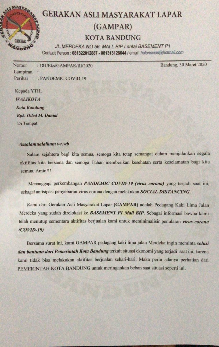 jelemagering's tweet photo. Kumohan ka pak Wali Mang @OdedMD kami ti @gampar01 PKL Bip Besment P1 ie surat na nu ku kami nembe di buat soalna stay at home tos di laksanaken Stok makanan menipis @disdagin_bdg @HumasBdg @dinkumkmkotabdg https://t.co/JQredvftgT
