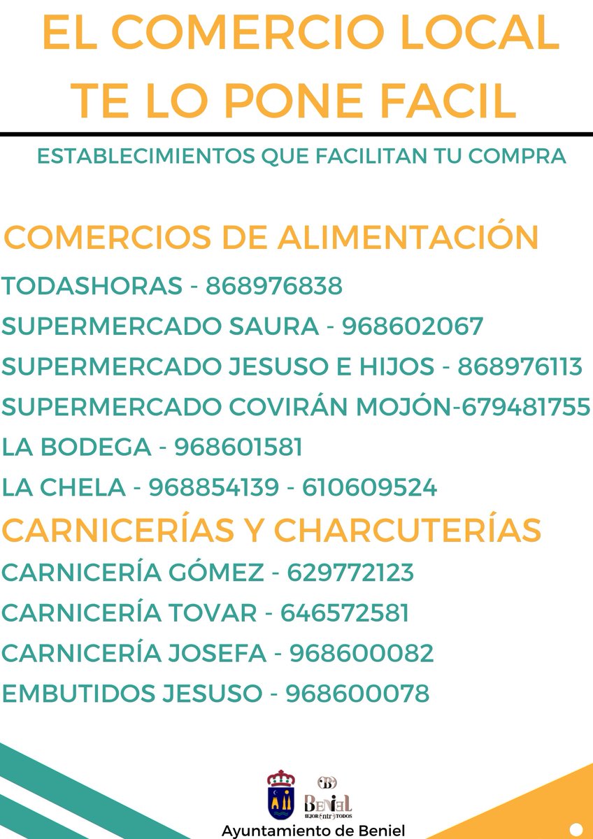 AytoBeniel's tweet photo. ✅ El comercio local de Beniel te quiere facilitar tu compra, ya sea con preparación de pedidos o con servicio a domicilio.

📣 Esta iniciativa tiene como objetivo que puedas realizar tus compras con una mayor comodidad y rapidez. https://t.co/yMz7PFZ8IL