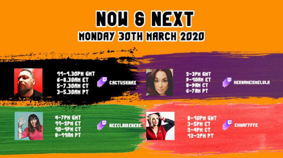 If you're looking for something to watch make sure you check out these streamers on #Twitch:

<a href="/Cactusknax/">Cactus - Twitchy Man & VO</a>: 11-1.30pm GMT / 2-5.30am PT
<a href="/HerNameIsMelula/">HerNameIsMelula</a>: 2-3pm GMT / 6-7am PT
@weeclaire: 4-7pm GMT / 8-11am PT
<a href="/EmmaFyffe/">Emma Fyffe</a>: 8-10pm GMT / 12-2pm PT

Twitch handles on this image 👇