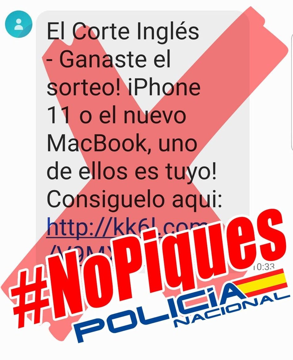 policia's tweet photo. Desconfía si te llega este mensaje y 
#NoPiques 
Estaría guay tener un nuevo móvil de última generación y además GRATIS, pero... ¡NO TE FÍES!
Imposible que te toque un sorteo si ni siquiera participaste en él.
#EsteVirusLoParamosUnidos https://t.co/QFE9PVScOD