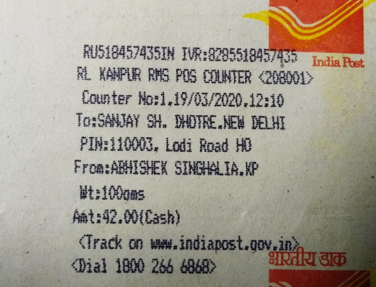 simpletonSoul's tweet photo. @SanjayDhotreMP Sir, I had addressed you a letter whose Consignment No. is RU518457435IN and it was supposed to reach you by 23rd March 20 but @IndiaPostOffice has not delivered the letter to you till date. They are deliberately delaying the delivery.
#PostalSeva #DakSeva https://t.co/FjdOLWJxJ3