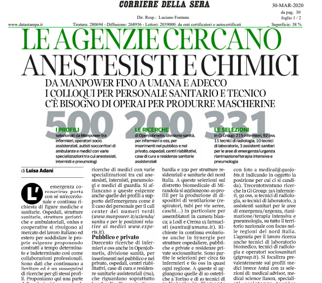 quojobis's tweet photo. #Quojobis, per fra fronte all'emergenza #Coronavirus, la nostra Divisione Medical ricerca 300 professionisti della #sanità. Ne parla il @Corriere  https://t.co/MlbNlo4EHj #news #jobsearch #medici #oss #infermieri #Covid_19 #cercolavoro #COVID19italia #CorrieredellaSera https://t.co/7kA8OaUKY1