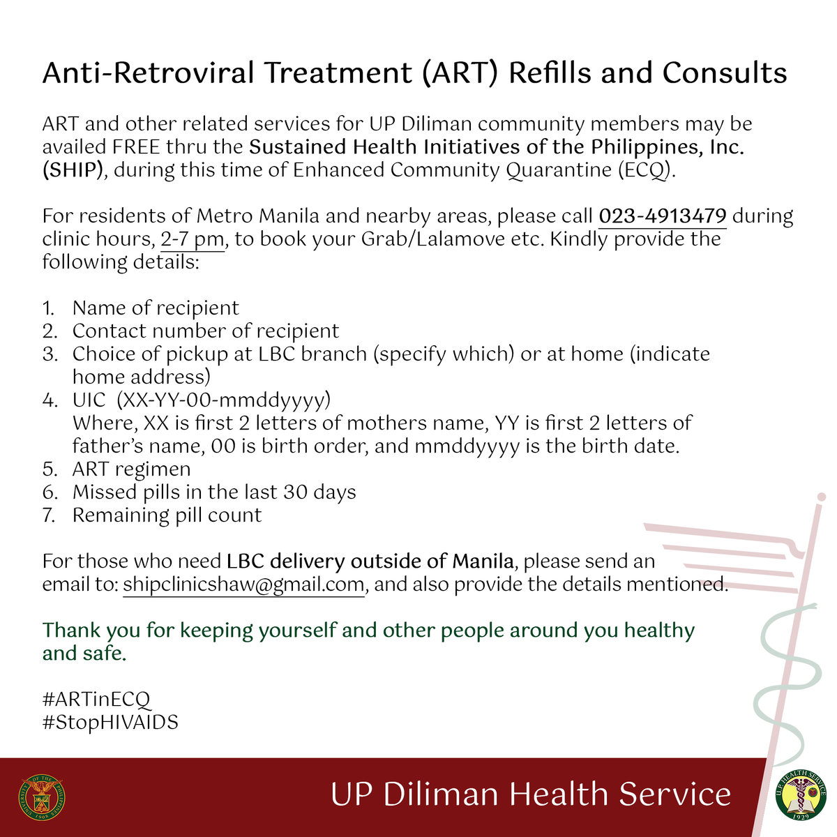 Official_UPD's tweet image. Anti-Retroviral Treatment (ART) Refills and Consults

ART and other related services for UPD community members may be availed FREE thru the Sustained Health Initiatives of the Philippines, Inc. (SHIP), during this time of Enhanced Community Quarantine.

#ARTinECQ
#StopHIVAIDS